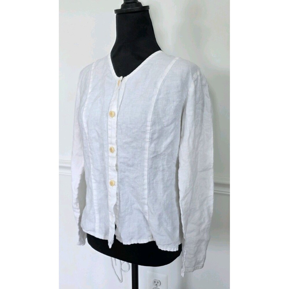 FLAX White 100% Linen Jacket Petite Button Front Tie Back Long Sleeve Lithuania